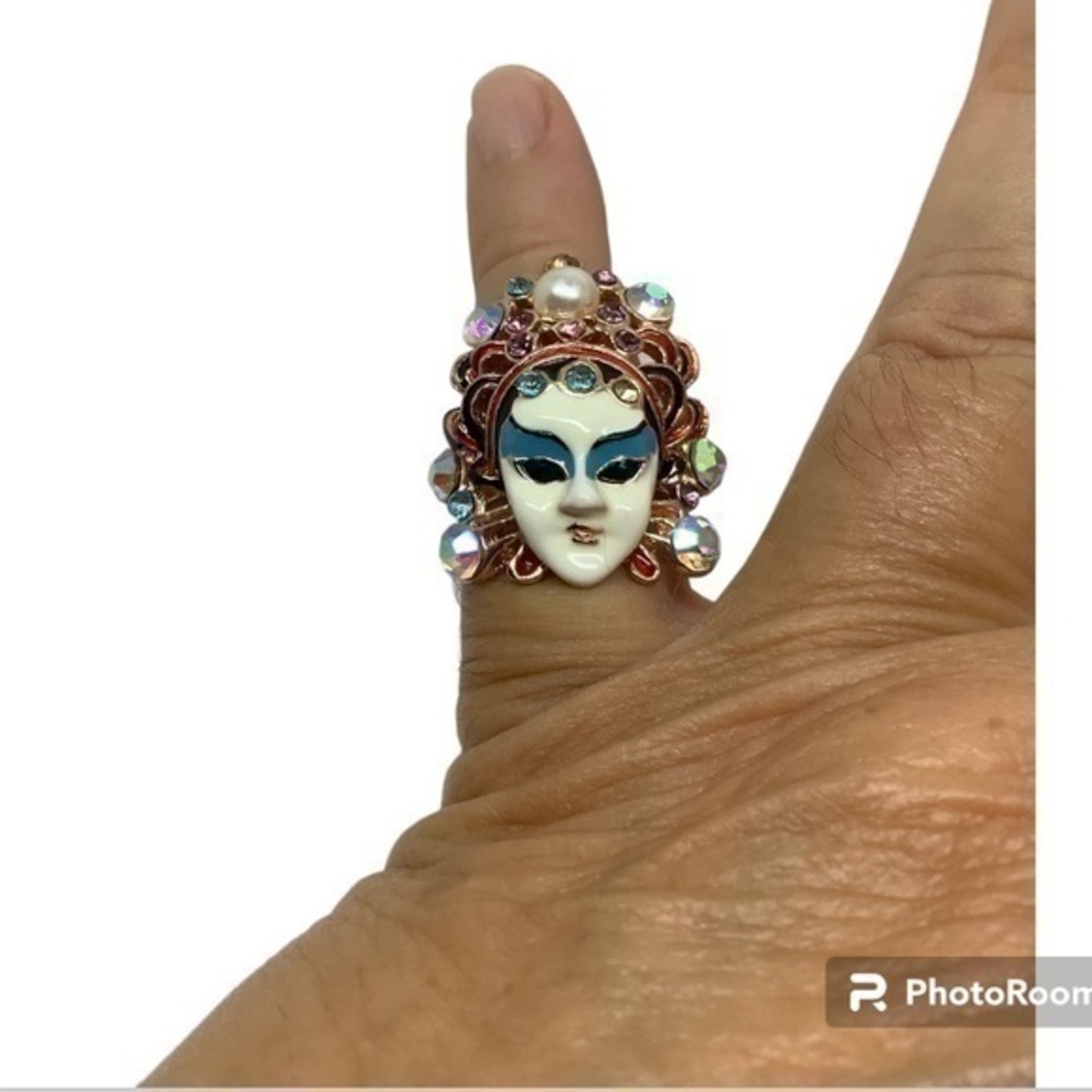 Gold tone enamel Mardi Gras Mask ring
